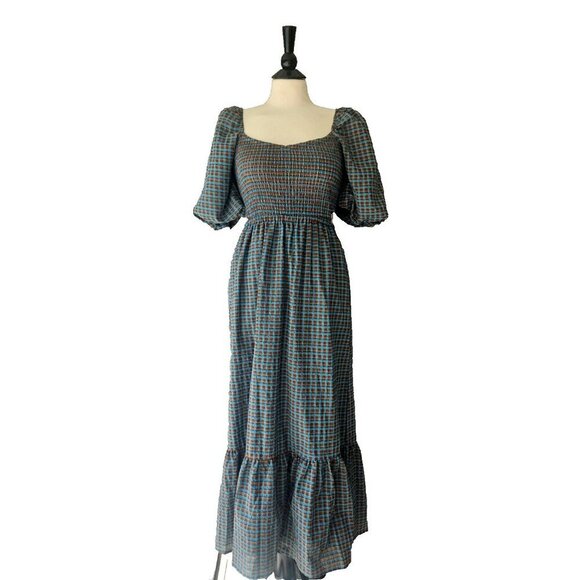 NWT WAYF Cutout Smocked Midi Dress in Blue and Brown Plaid Print Size M - Picture 1 of 7